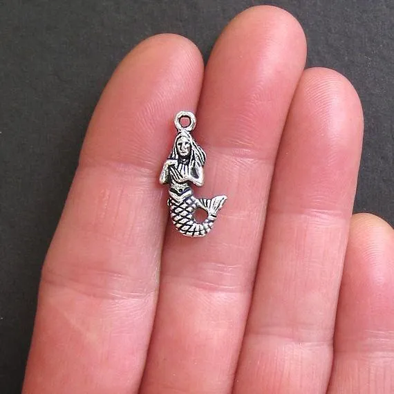 8 Mermaid Antique Silver Tone Charms 2 Sided - SC329