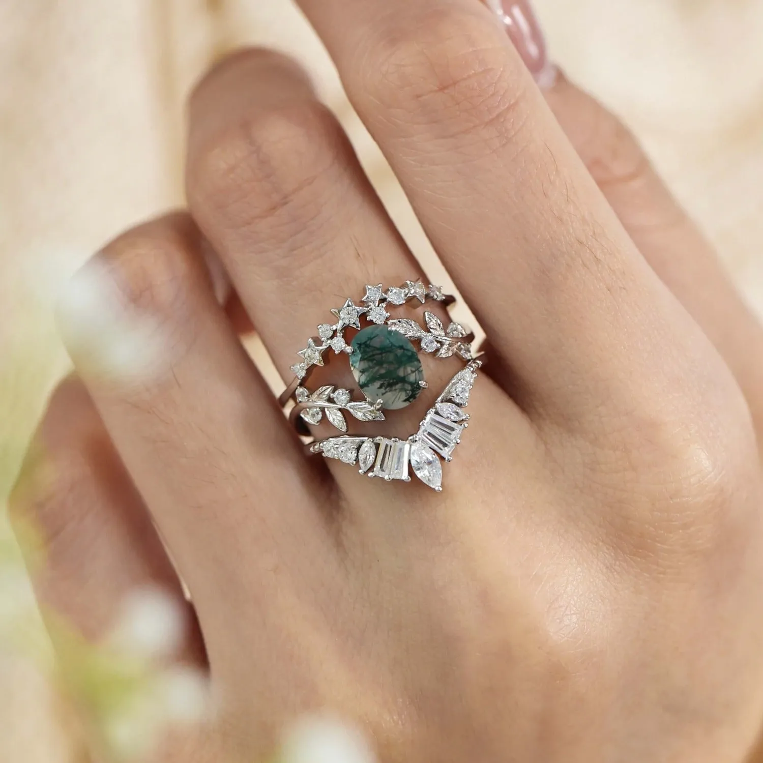 Between the Leaf Moss Agate©, Hillcrest, and Starry Night Ring Set