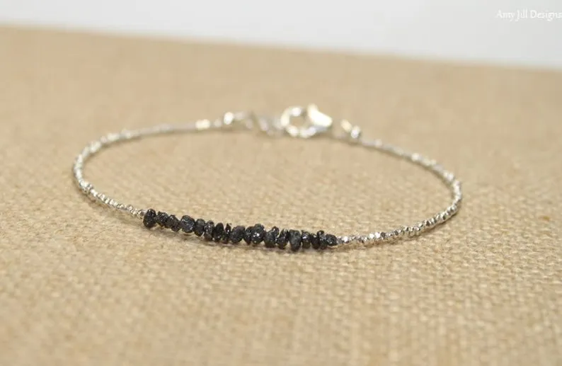 Black Rough Diamonds and Silver Beads Bracelet