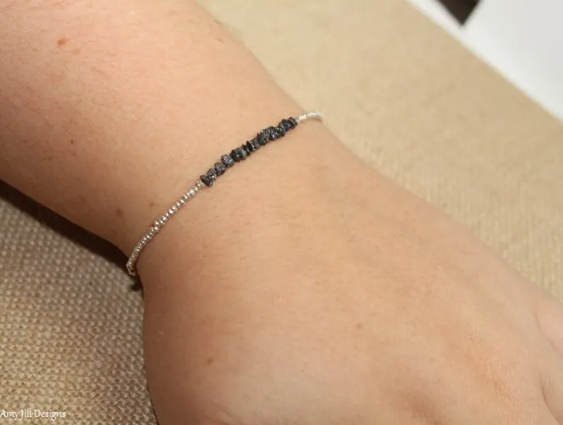 Black Rough Diamonds and Silver Beads Bracelet