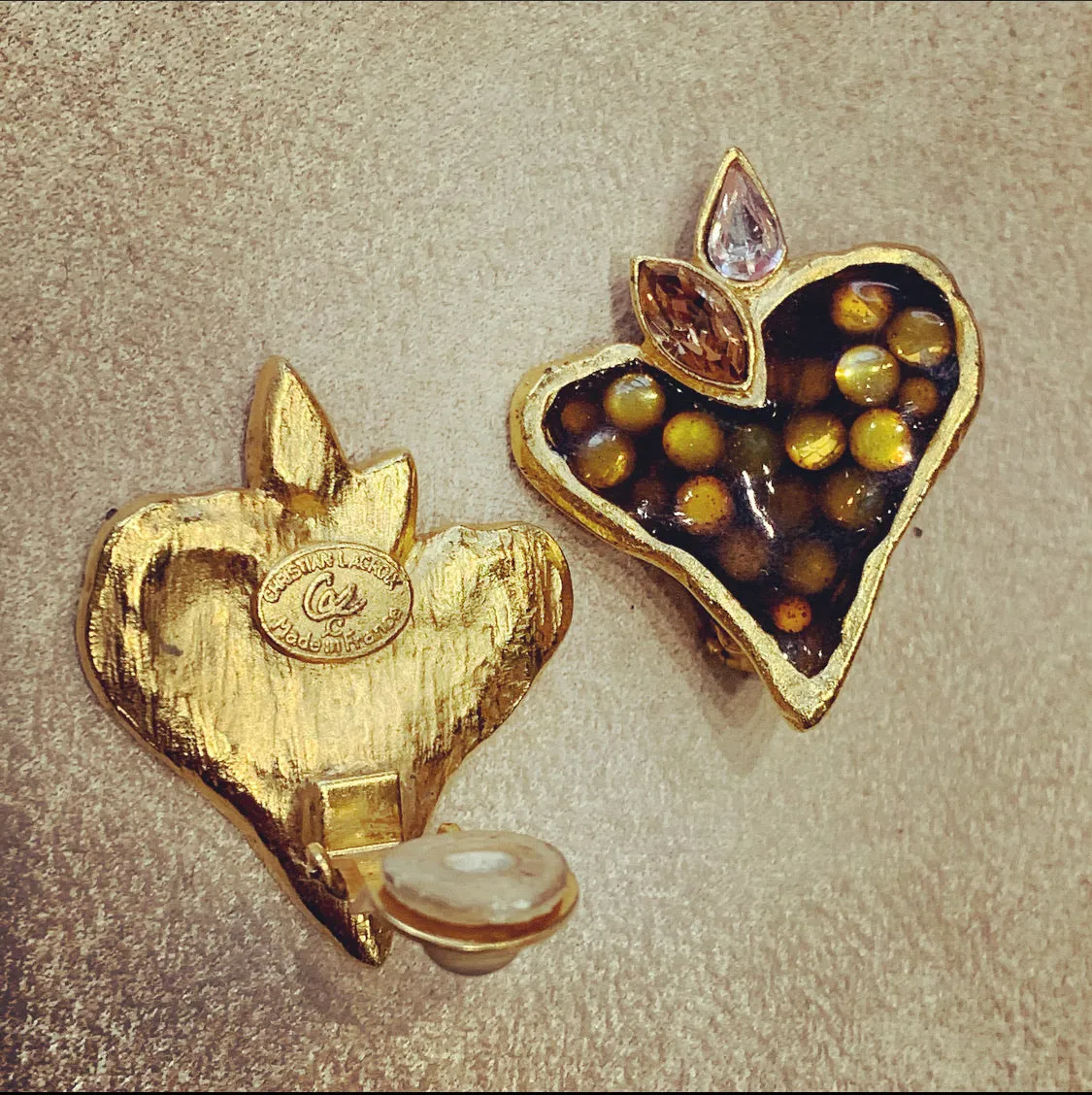 Christian Lacroix Heart Earrings brown glass
