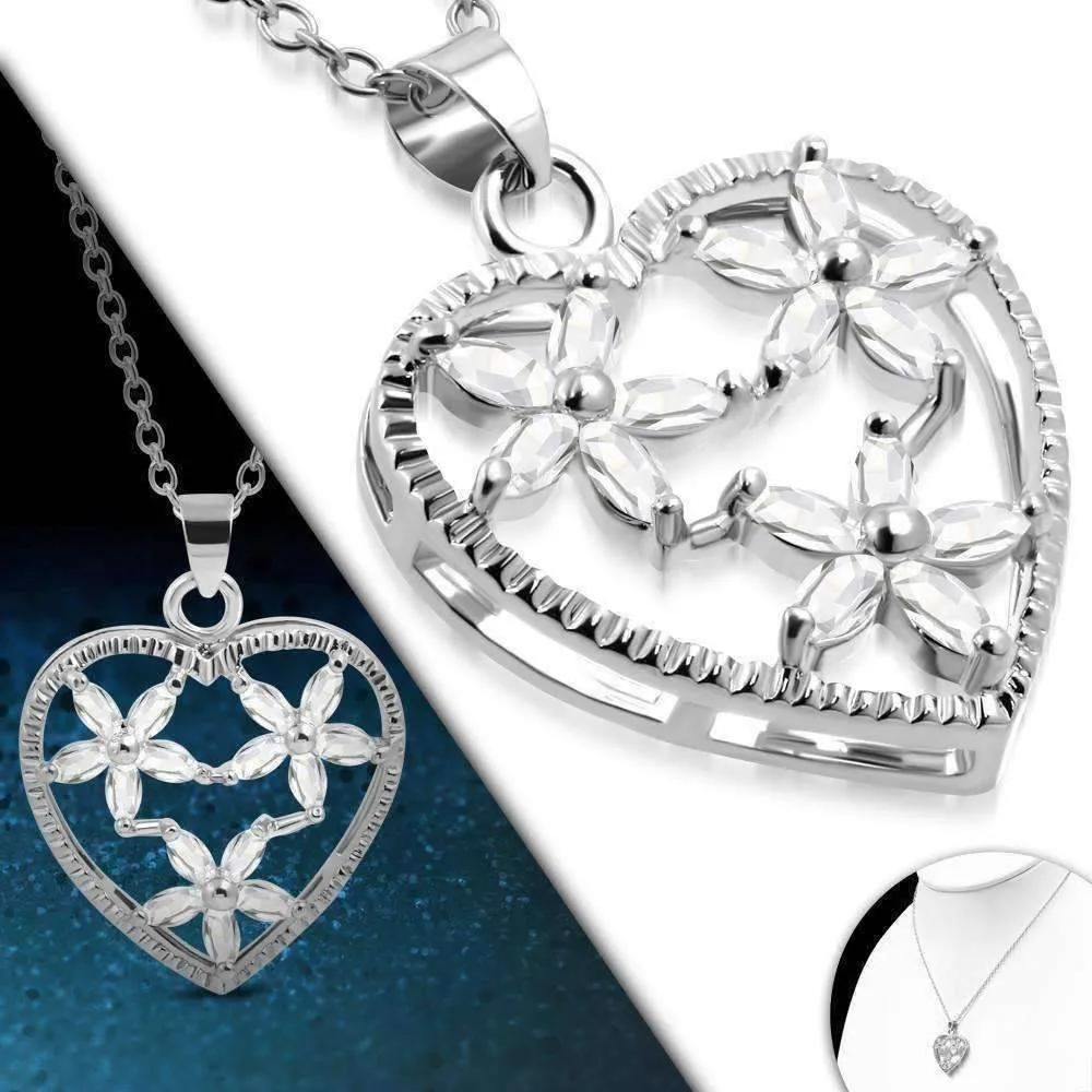Floral Heart Large Cubic Zirconia Heart Pendant Necklace