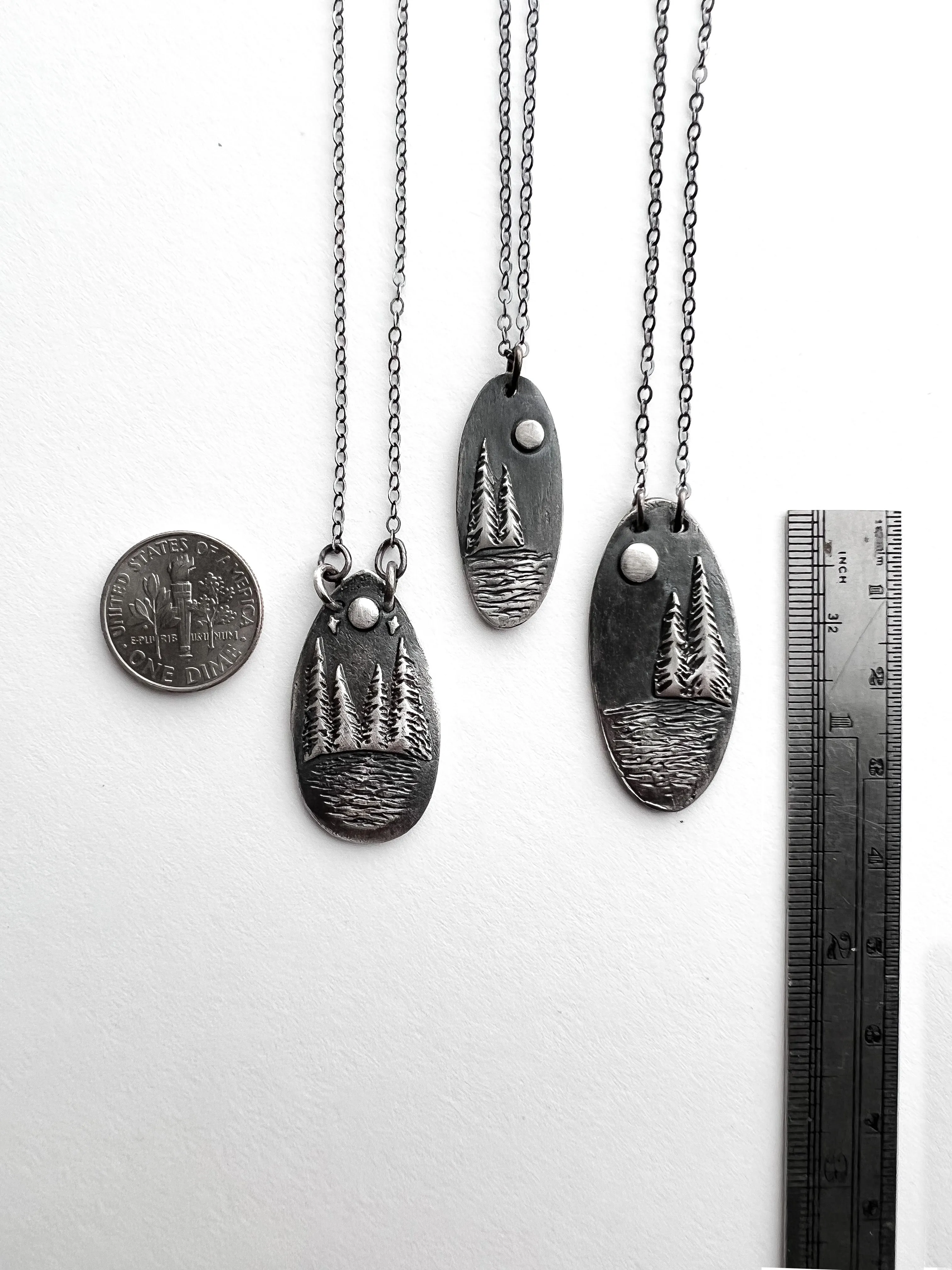 Full Moon Lake Teardrop Necklace with 4 Trees