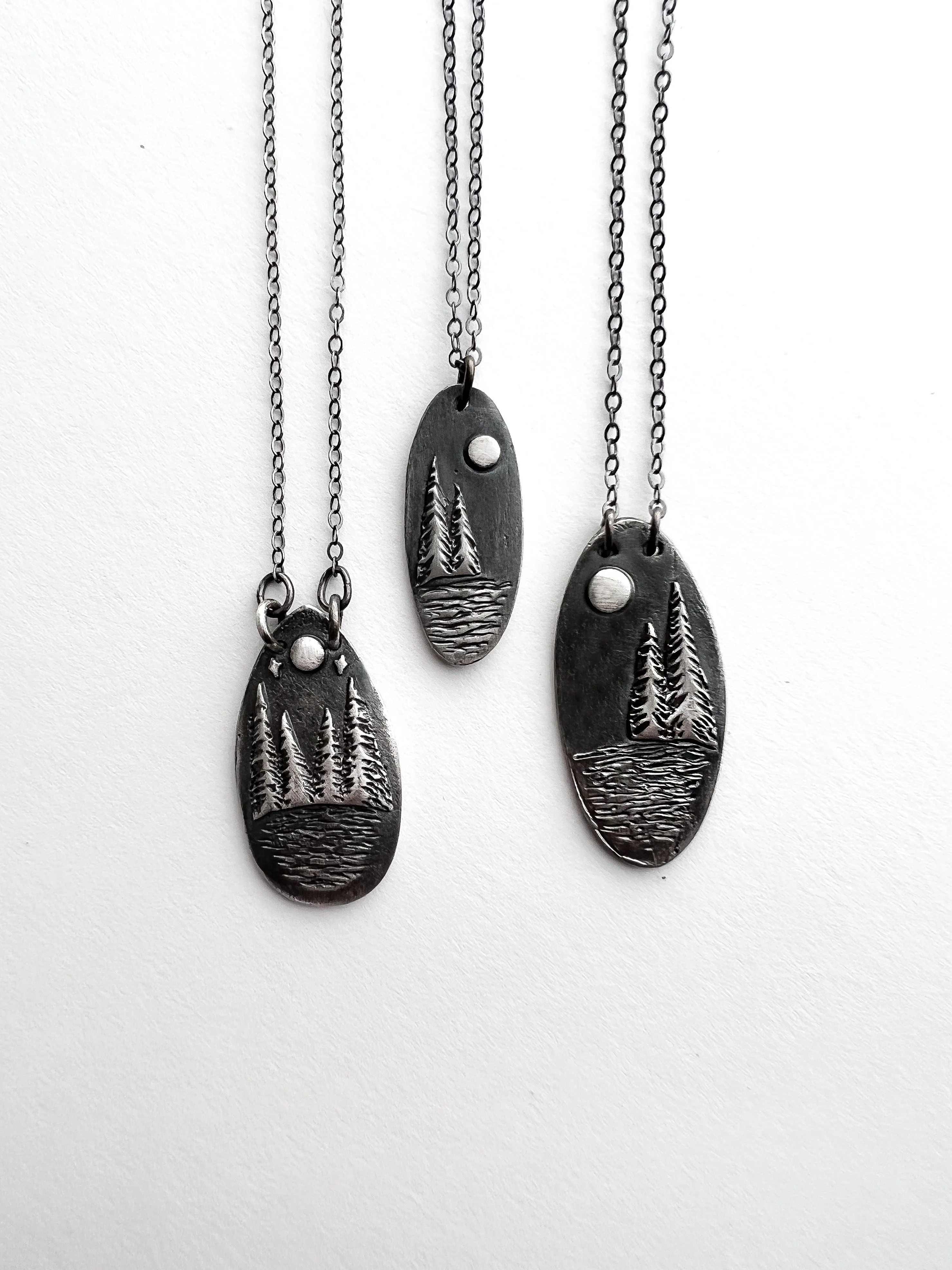 Full Moon Lake Teardrop Necklace with 4 Trees