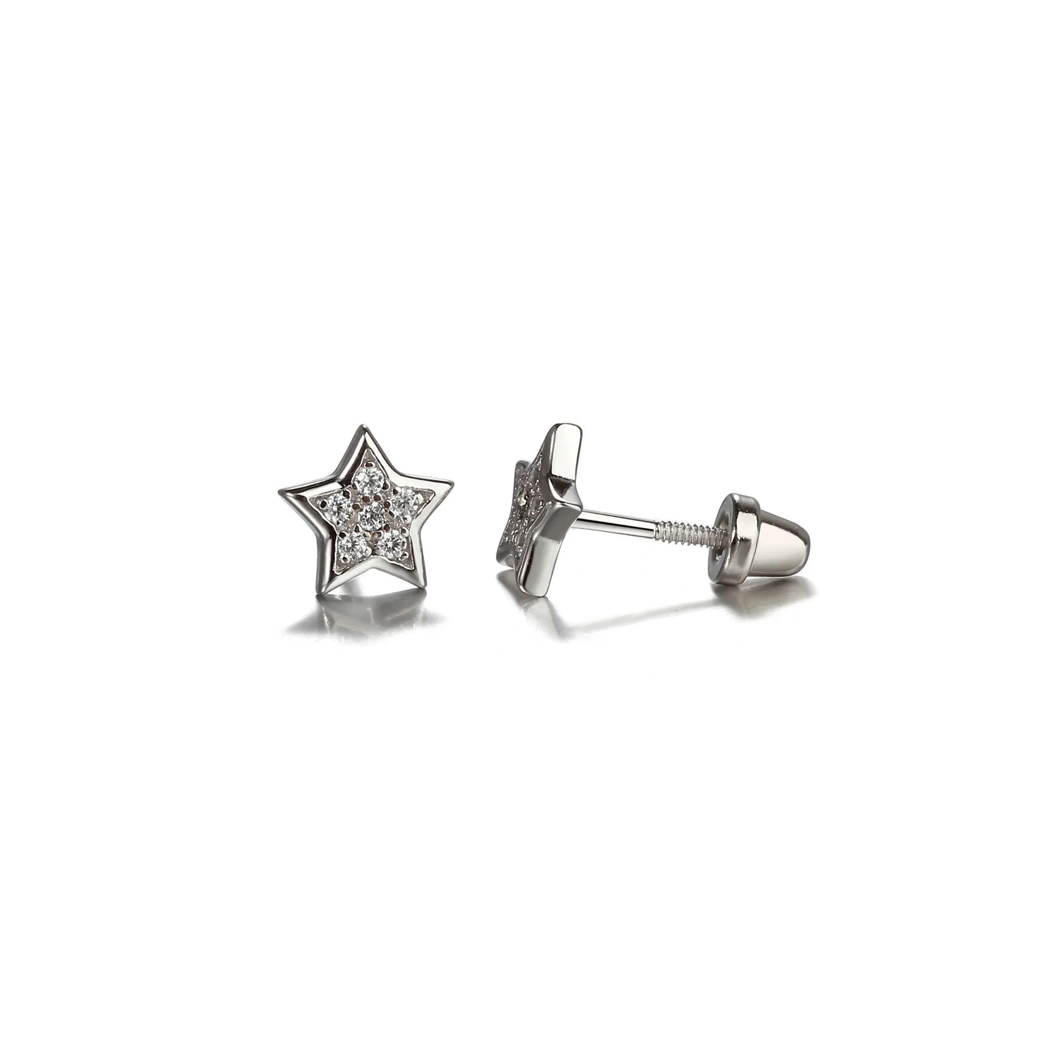 Girls Sterling Silver Screw-Back Star CZ Earrings for Kids
