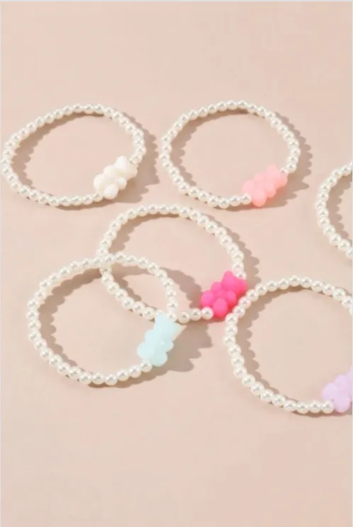 Gummy Bear Pendant Pearl Bracelet Set of 6