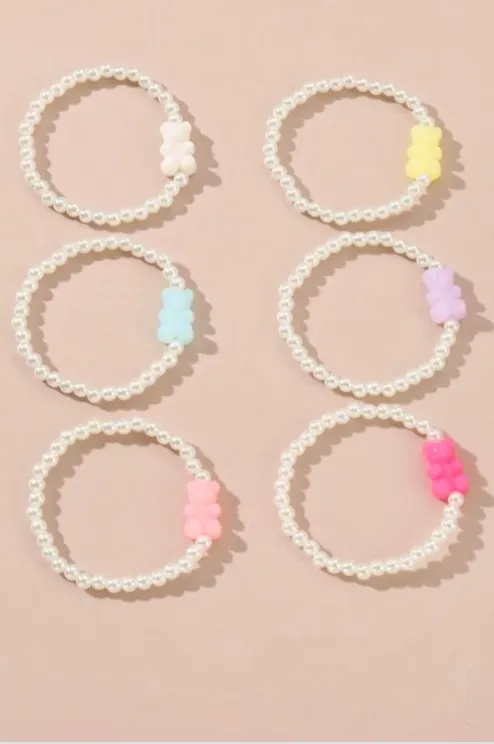 Gummy Bear Pendant Pearl Bracelet Set of 6