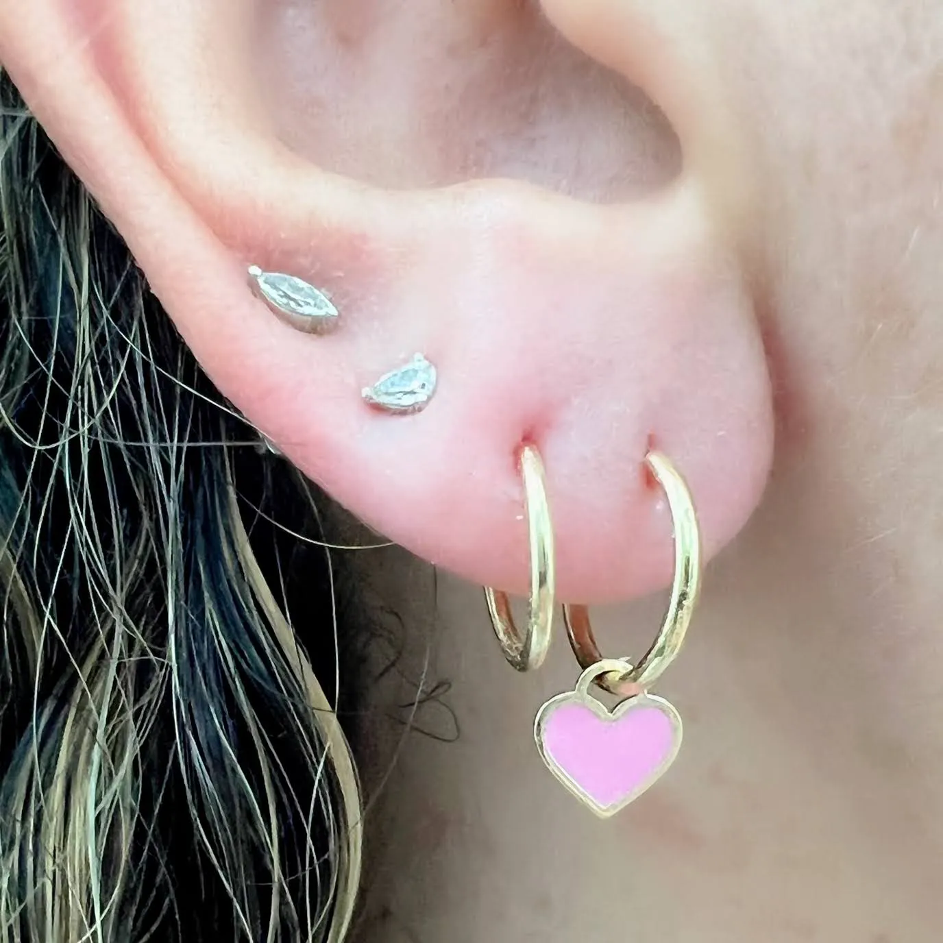 Pink Enamel Dangle Heart Huggies