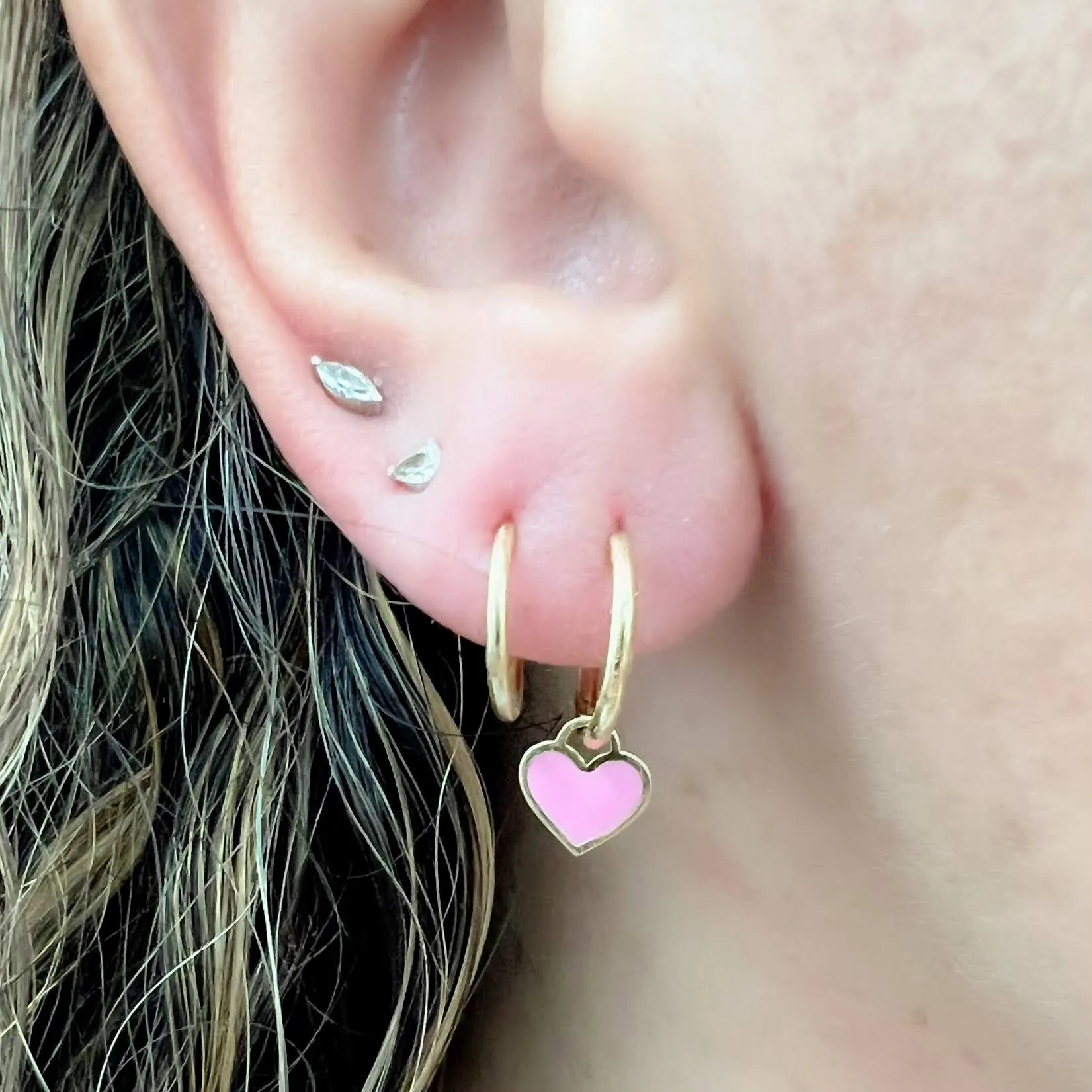 Pink Enamel Dangle Heart Huggies