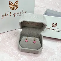 Pink Enamel Dangle Heart Huggies