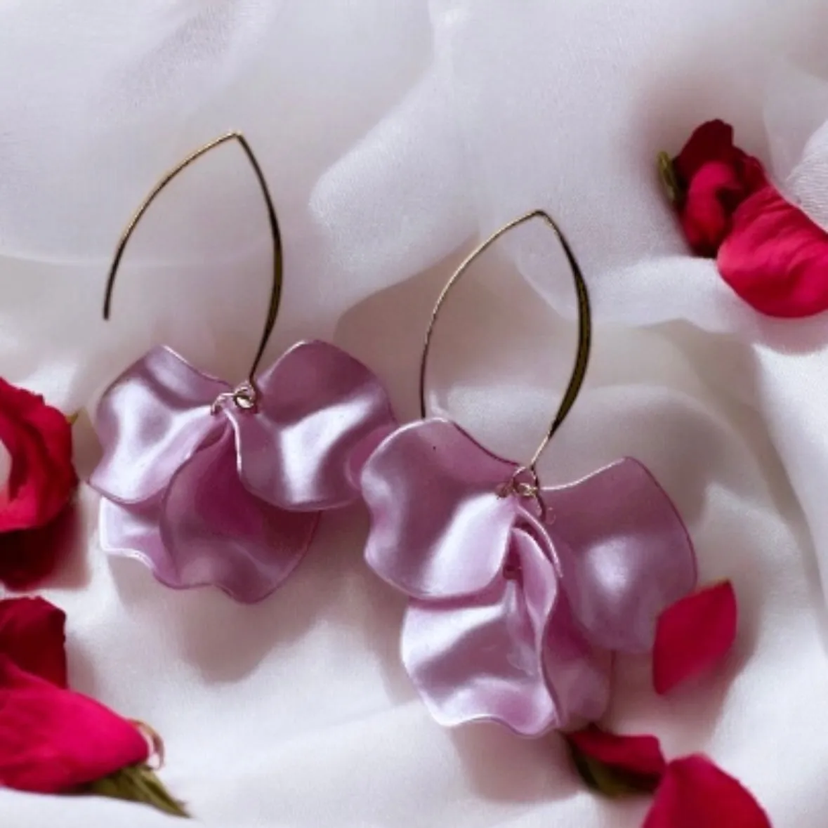 Pink - Sweet Pink dangly bridal earrings petals | shimmering pastel flower | golden geometric floral earrings | christmas