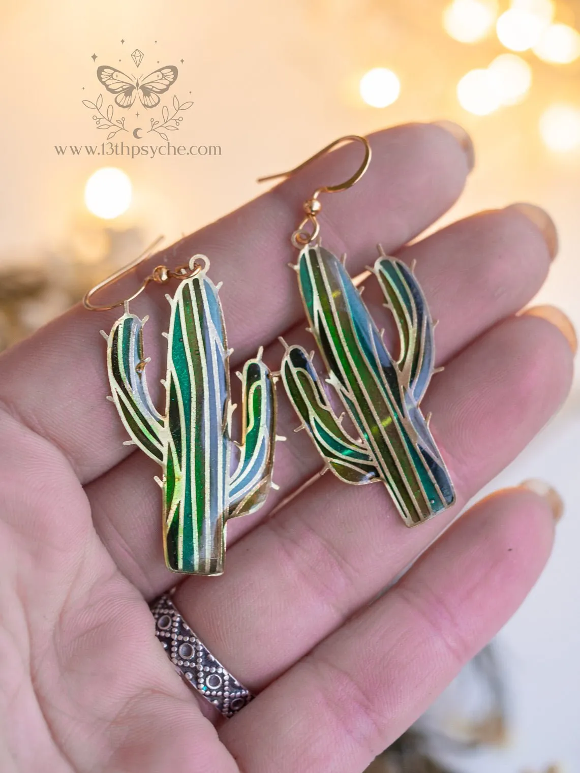 Stained glass inspired cactus earrings
