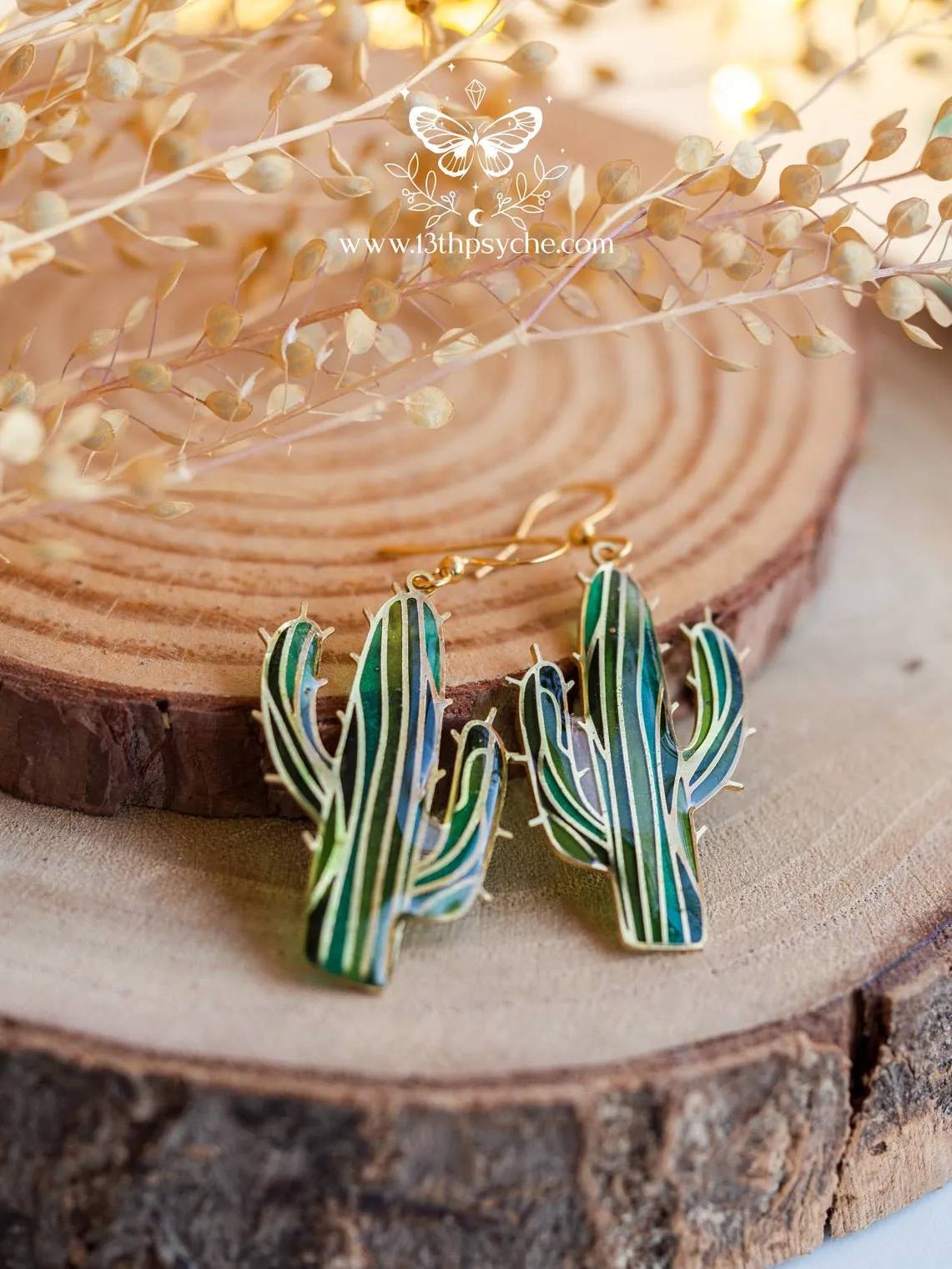 Stained glass inspired cactus earrings
